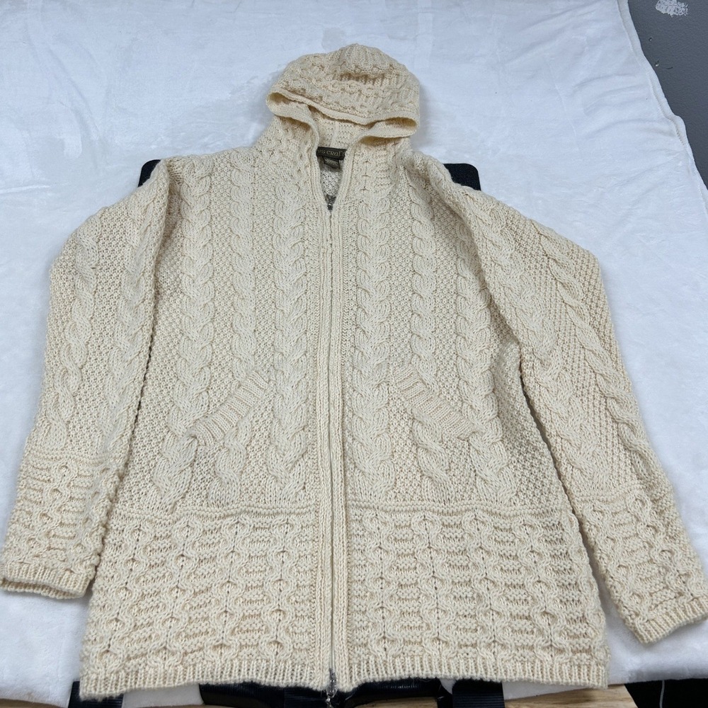 Inis Crafts Zip Hoodie Women M Cream Merino Wool Aran Cable Knit Irish Sweater